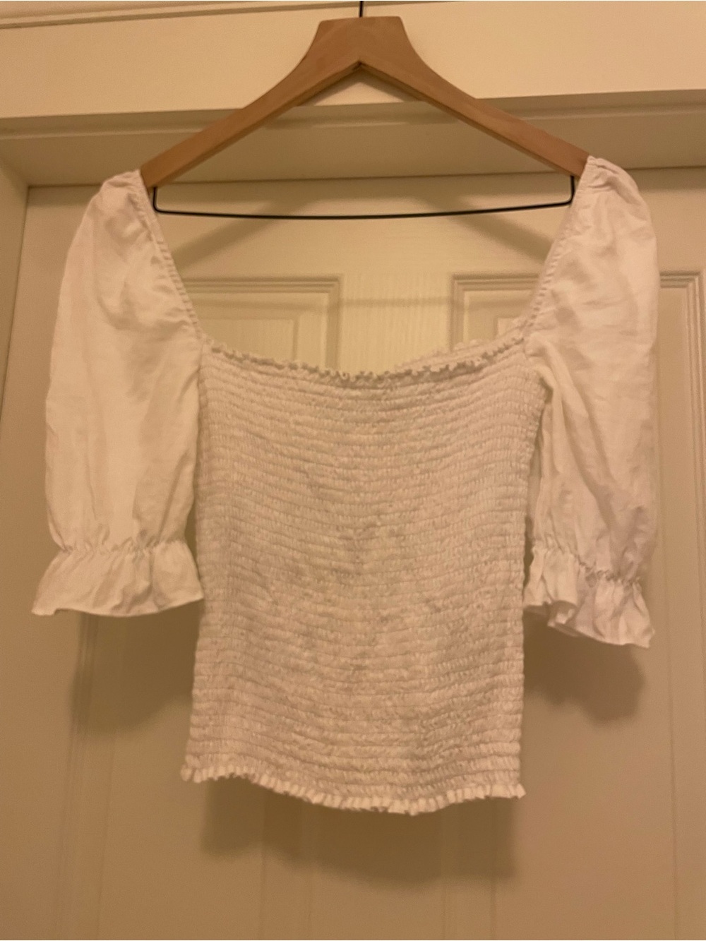 Reformation White Smocked Linen Puff Sleeve Top